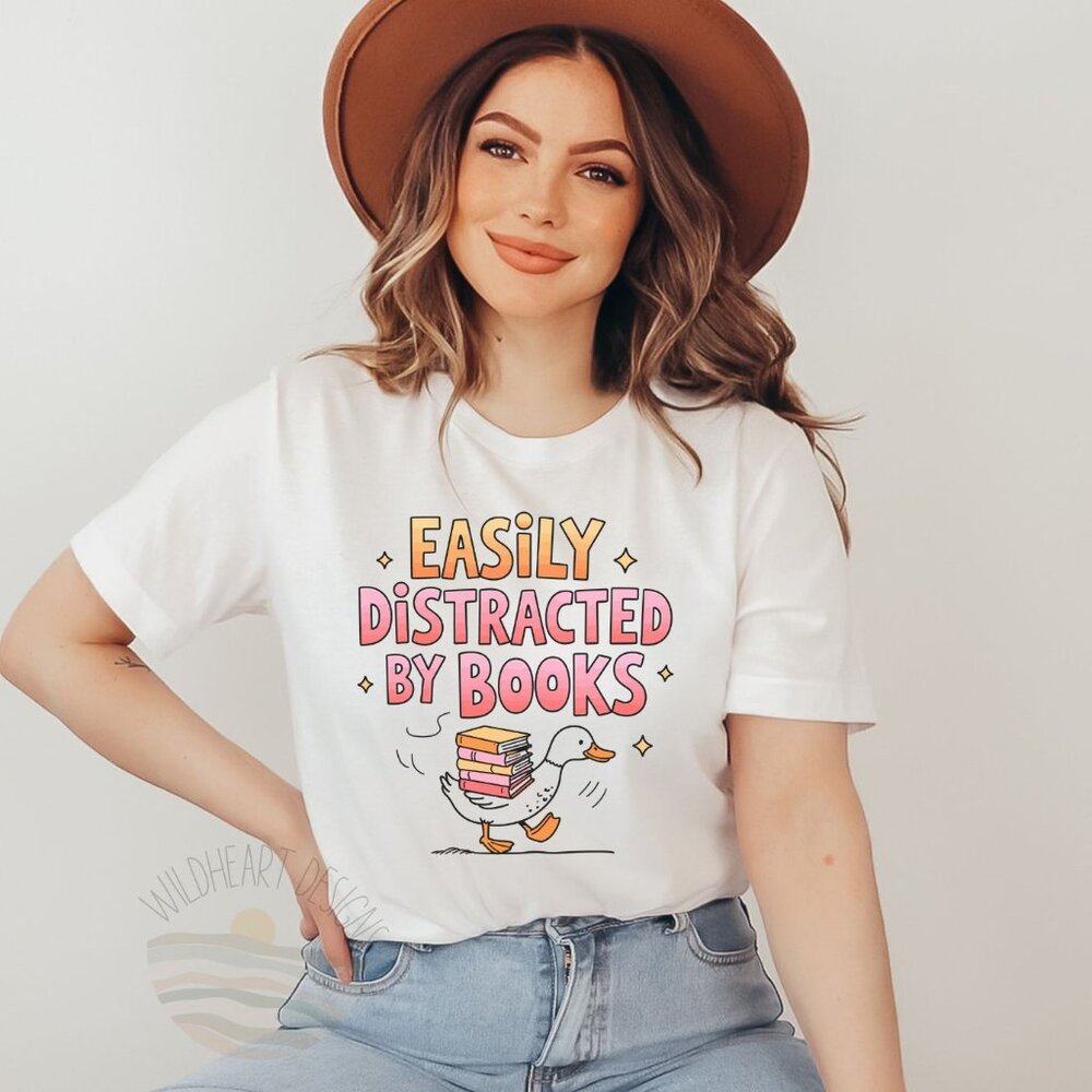 Easily Distracted By Books Graphic T-shirt, Bookish Shirt, Silly Goose Shirt - Picture 2 of 6
